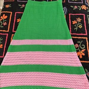 Green and Pink Crochet Midi Skirt